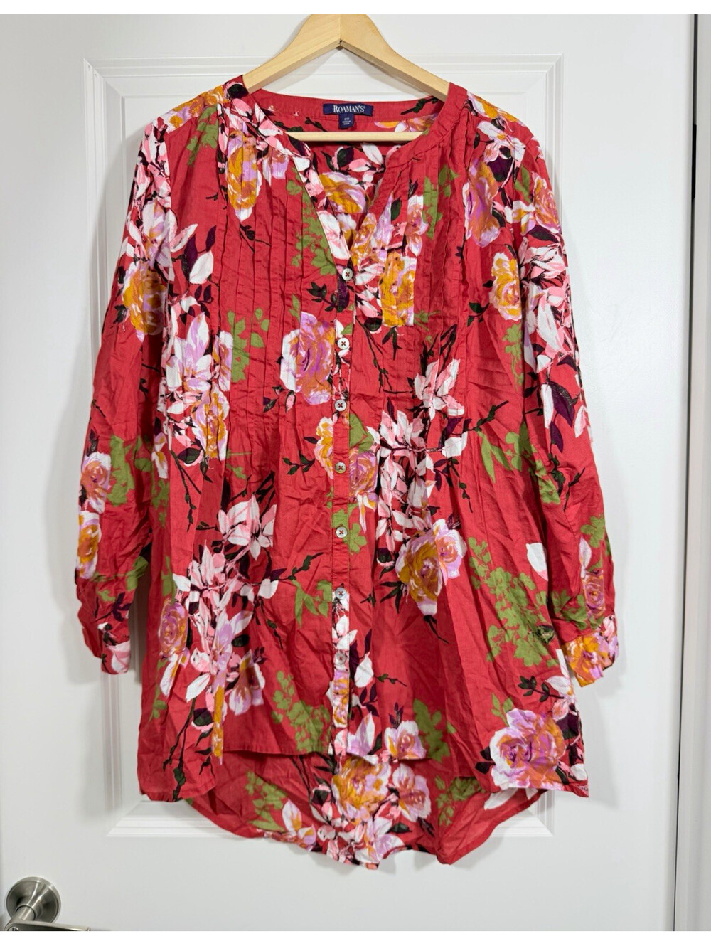 Roaman's Red Floral Print Button-Down Tunic Top Women's Plus 18W Boho Romantic